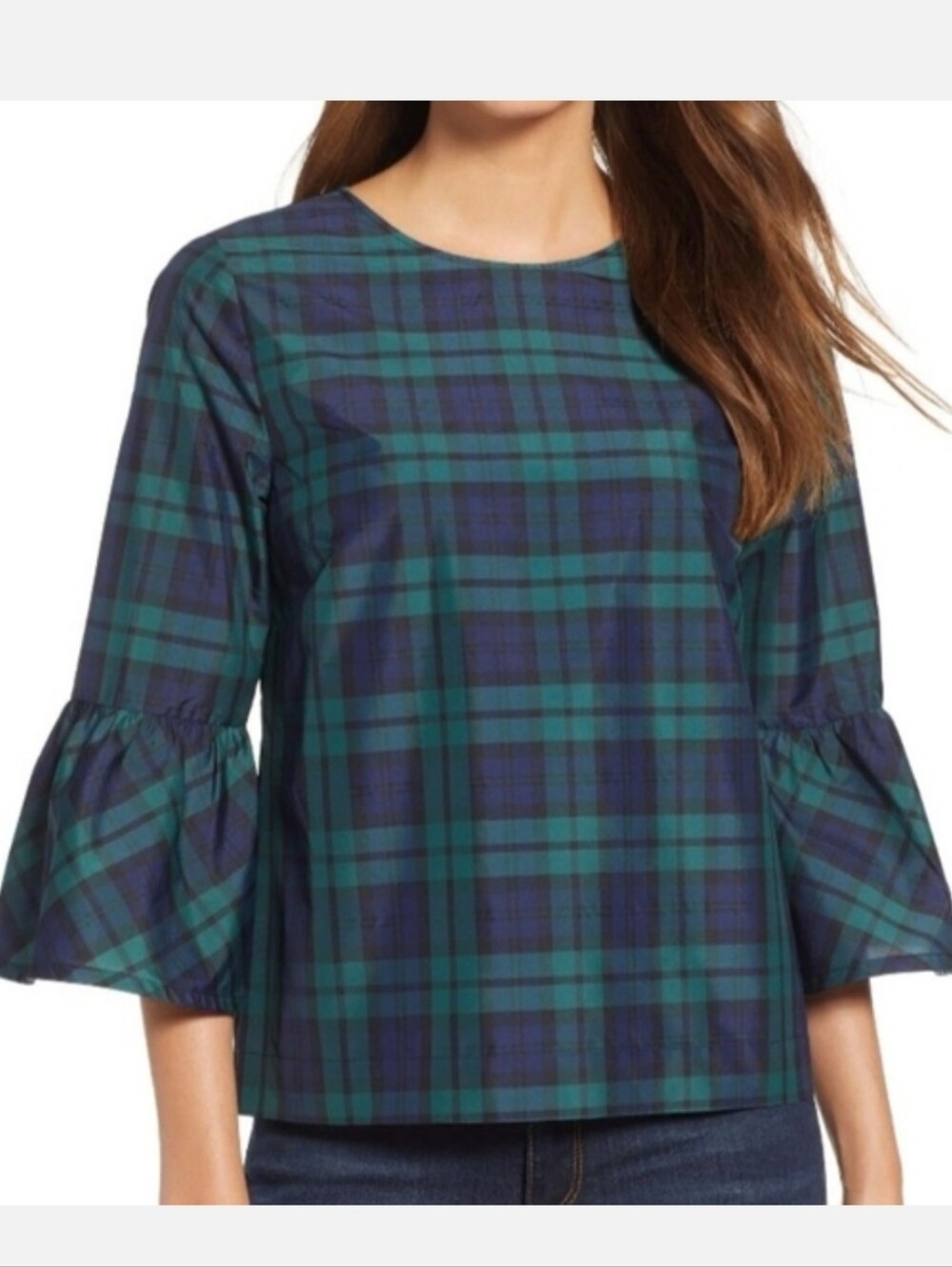 Vineyard Vines Green and Blue Plaid Bell-Sleeve Blouse